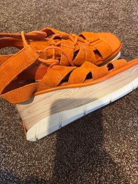 Sorel Orange Suede Lace-Up Wedge Sandals